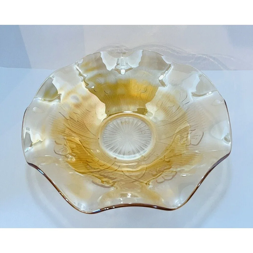 Jeannette Iris Herringbone Marigold Carnival Glass 11” Ruffled Fruit Bowl
